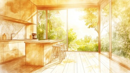 Sunlight-drenched, warm kitchen interior design sketch.
