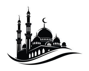 Majestic Mosque Silhouette with Crescent Moon and Minarets