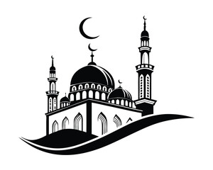 Black and White Stylized Mosque Illustration with Crescent Moons