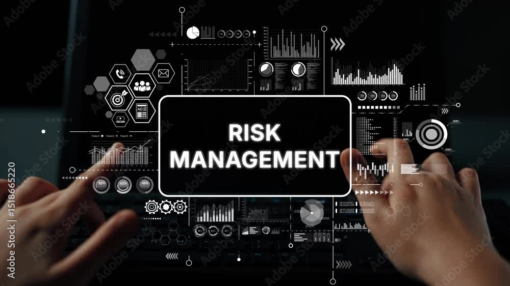 Poster hands typing on keyboard with risk management graphics and data analysis concept for business strate