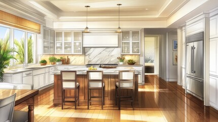 Spacious, modern kitchen interior design rendering.