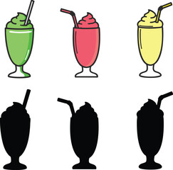Illustration of three colorful milkshakes and their black silhouettes on a white background