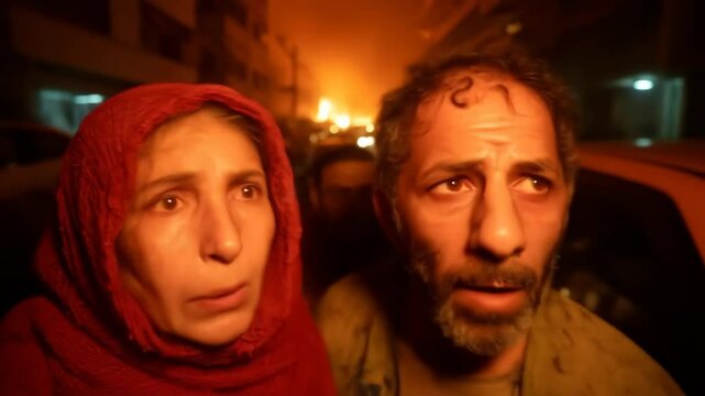 Man and woman look shocked standing close together in a burning settlement as fire rages behind them at night. This conveys a concept crisis, conflict and danger.