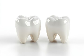3D render of two white molar teeth, front and back views, shiny and clean on white background, representing dental health, anatomy, and oral care concepts.
