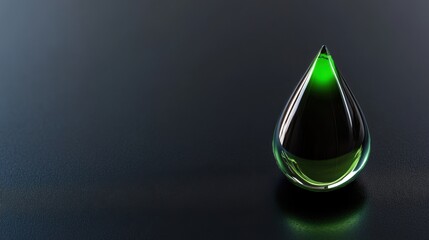 A sharp green droplet rests on a smooth dark surface, capturing light and creating an intriguing reflection. The minimalist background enhances the droplet's features and color contrast.