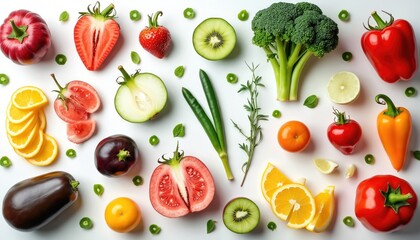 Naklejka premium Assortment of fresh vegetables fruits, food items on white background. Tomato, kiwi, orange, strawberry, lemon, apple, pepper, broccoli, eggplant. Healthy eating concept, vegetarian vegan diet. Top
