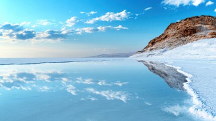 Fototapeta premium Reflections of rocky cliffs and clouds create a serene atmosphere as the sun sets over the tranquil water. This desert location showcases the beauty of nature and its colors.