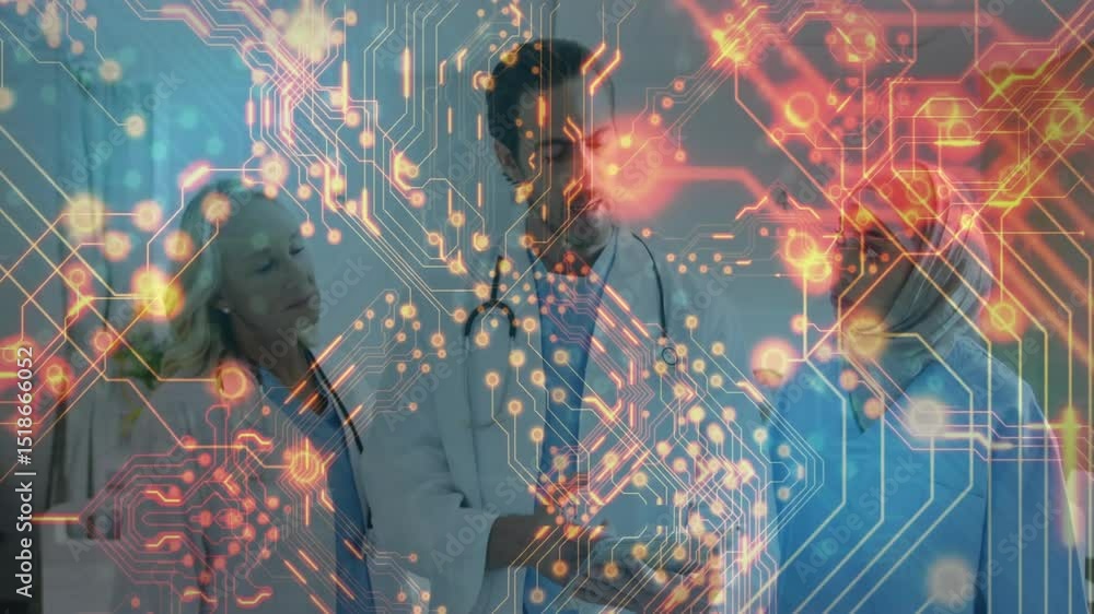 Poster three doctors reviewing patient data on tablet starting glowing circuit overlay showing ai analysis