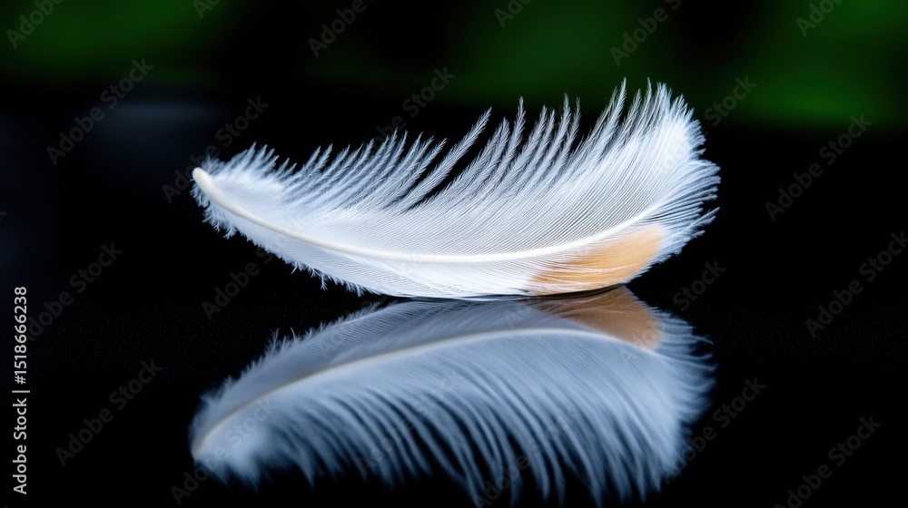 Poster a delicate white feather rests on a glossy black surface, showcasing its fine texture and intricate 