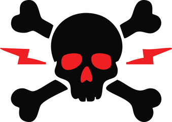 A black skull and crossbones with red eye sockets and two red lightning bolts on a white background