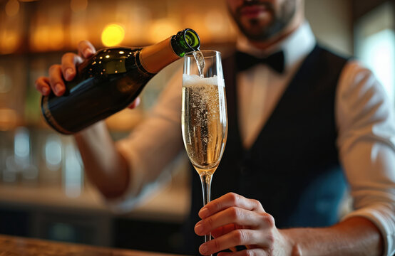 Bartender pours champagne into glass. Beverage bubbles up. Alcohol pouring at bar. Champagne bottle, wine glass. Celebration at banquet or event. Party time. Festive mood.