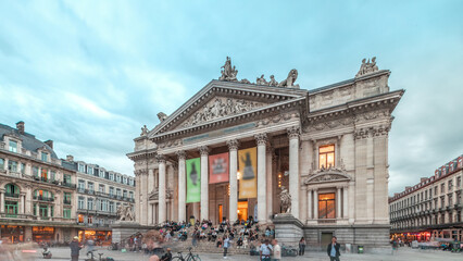 Hyperlapse of the Brussels Stock Exchange facade near Grand Place. Belgium