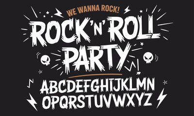Highly Detailed Vibrant Rock and Roll Party Typography and Font Set with Skull and Lightning Bolt Accents for Music Events and Promotions