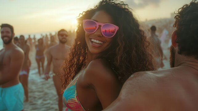 Joyful Black woman in colorful dress and pink sunglasses dancing and hugging bearded man at vibrant beach party at sunset, with bokeh crowd and cinematic bohemian style. - Powered by Adobe