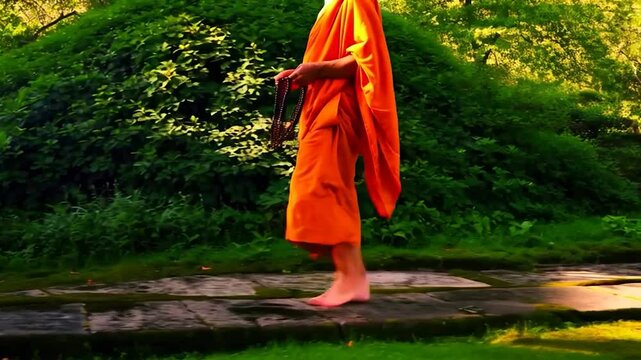 Buddhist Monk Walking Barefoot in a Garden