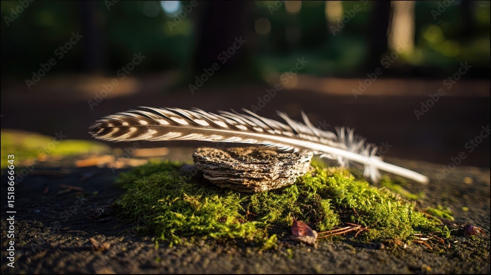 Poster owl feather resting on mossy bark in a serene forest setting with gentle, natural light