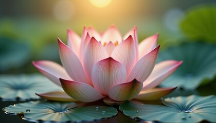 Blooming Pink Lotus Flower in Delicate Style with Green Lily Pads and Golden Light Representing Tranquility and Natural Beauty [with copy space]