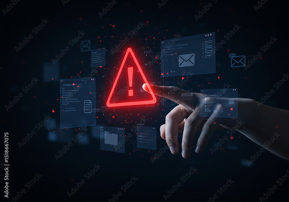 Aufkleber cyber security alert system with hand touching warning sign for data breach and network protection o