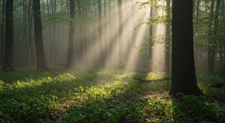 Naklejka premium Sunbeams Breaking Through Foggy Spring Forest After Rain