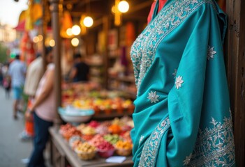 Fototapeta premium Vibrant turquoise saree adorned with intricate embroidery in a market setting