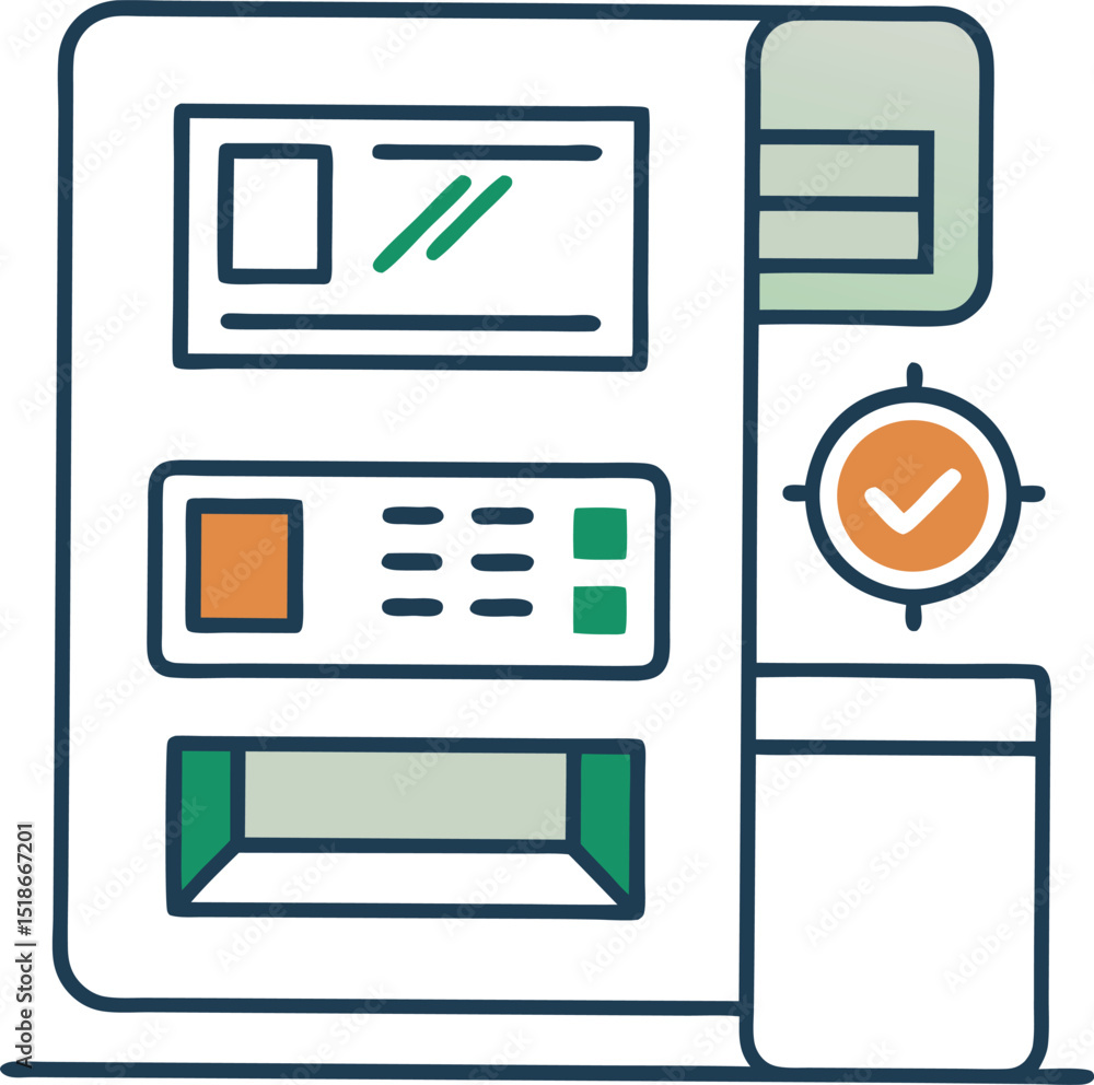 Poster modern illustration of an automated teller machine with approval check mark symbol