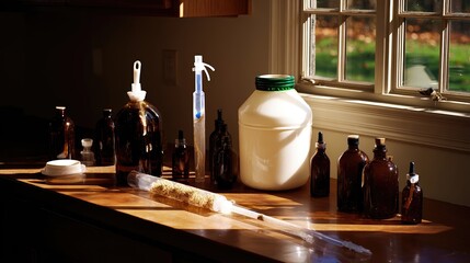 Home Brewing Kit Set up on a Kitchen Counter With Fermentation Tools and Bottles