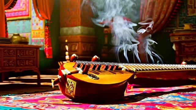 Ornate string instrument resting on colorful patterned rug, incense smoke rising