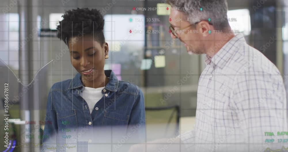 Poster manager pointing at laptop prompts colleague analyzing finance data with charts floating above desk
