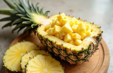 Delicious pineapple salad, sliced fruit dessert. Fresh, juicy pineapple fruit pieces in half pineapple. Tasty fruit salad, healthy eating, sweet summer concept. Tropical food, healthy snack idea.