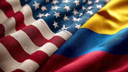 USA and Colombia Flags Wave Proudly in the Breeze - A Stunning 4K Drone Shot Capturing the Vibrant Colors and Dynamic Movement of Two National Flags Blowing in the Wind. Perfect   