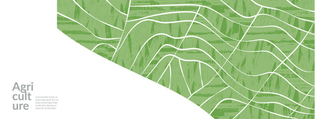 Background pattern with green field. Spring grass meadow, ecology vector, agriculture banner with organic texture. Flat border with vineyard, rice, wheat, hill forest panoramic view. Abstract design