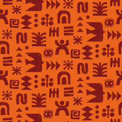 Black and orange tribal seamless pattern with geometric symbols
