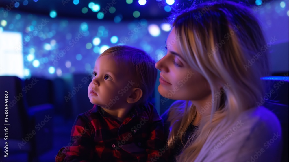Poster mother and child captivated by colorful light display during evening event at local science center