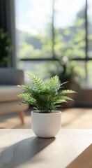 Fototapeta premium Modern living room mockup with a green plant in a white pot on a white wooden table, soft daylight, blurred window, and natural outdoor background. 3D rendering, 4K resolution.