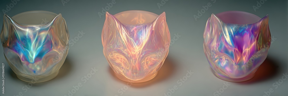 Poster holographic cat-shaped objects show vibrant colors in a controlled environment