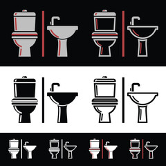 Bathroom fixtures vector set: modern toilet and sink icons in diverse styles. Perfect for plumbing, home design, and facility management projects requiring clear, illustrative sanitary ware.