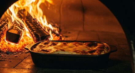 Delicious homemade lasagna baking in rustic wood fired oven hot eat food meat meal warm dish heat
