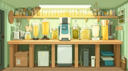 Home Brewing Setup With Equipment and Ingredients Displayed in a Cozy, Organized Workshop