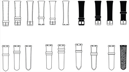 Vector illustration of diverse watch strap designs, showcasing various buckle types and materials, perfect for fashion, accessory, and wearable technology-related graphic projects.