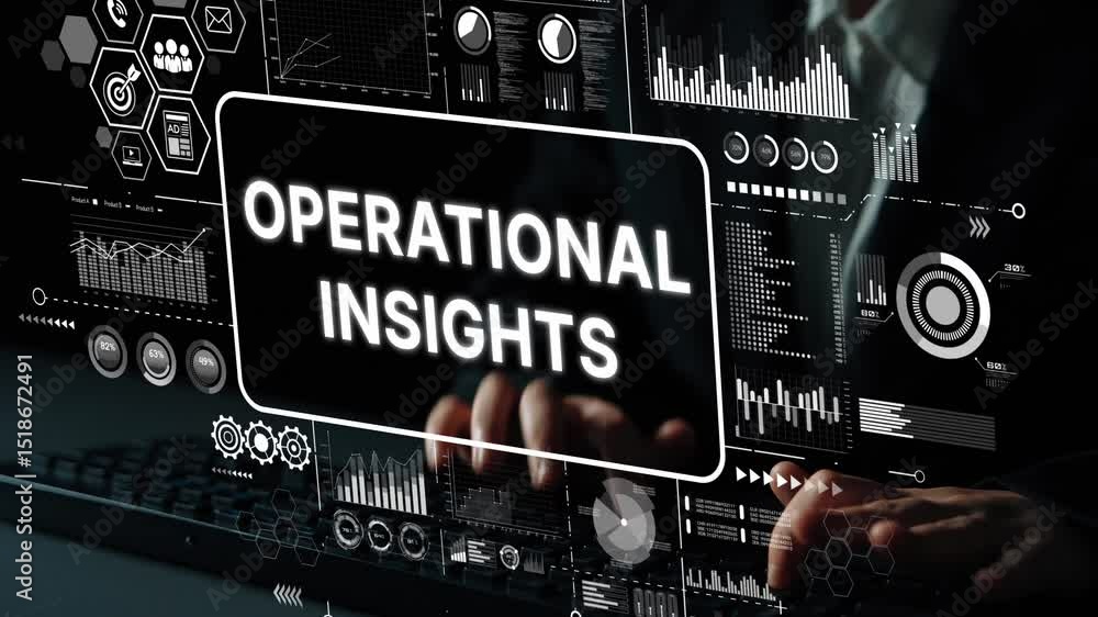 Poster Business Analytics with Operational Insights Displayed on Screen Surrounded by Data Visualization Graphics. Asymptotic smart data analytic.