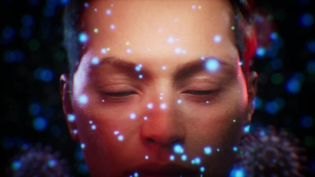 Anxious woman surrounded by giant floating viruses and bacteria, airborne disease transmission concept visualization.