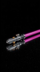 Naklejka premium Purple Lightsaber Reflecting on a Glossy Surface in a Dark Setting