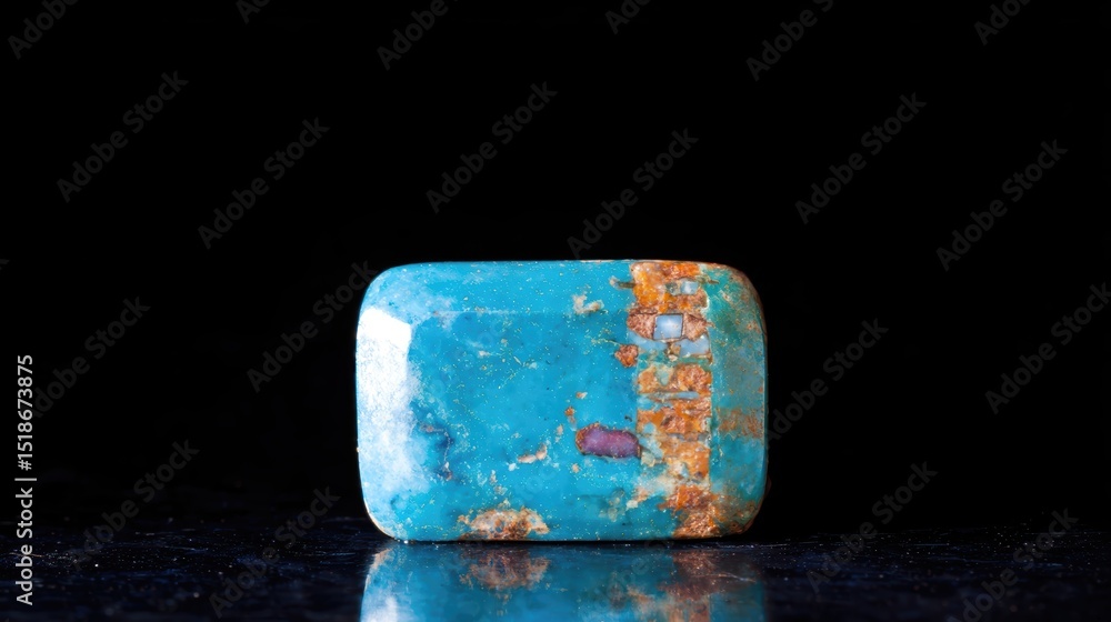 Poster turquoise gemstone in unique rectangular shape and vibrant colors against a dark background