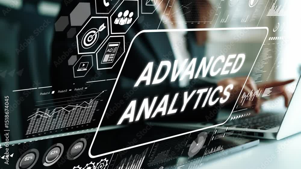 Poster professional workspace featuring advanced analytics with charts, graphs, and data visualization on d