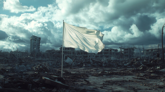 White flag raised in a destroyed war torn city. Generative AI