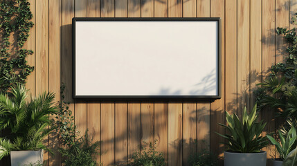 Blank digital screen on wooden wall with plants in daylight. Generative AI