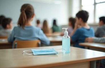 Medical supplies on desk in classroom, students in background. Hand sanitizer bottle with face mask. Back to school with new safety measures for children. Covid-19 pandemic protection measures.