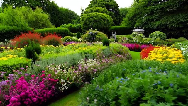 Ornate wrought-iron gate framing a vibrant flower garden