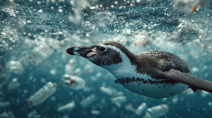 Fototapeta premium Penguin swims gracefully among discarded plastic bottles in ocean waters