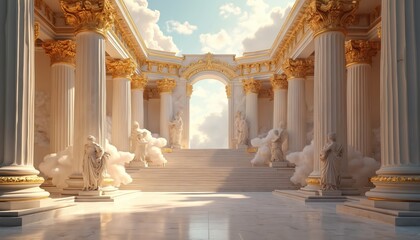 Naklejka premium Grand illustration of stage. Marble columns, statues, ornate golden decorations. Greek gods residence in clouds, blue sky. Palace, temple, heaven. Digital art, high quality artwork, elegant, luxury